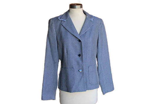 Perry Ellis (USA) Viscose Blue and White 3-Button Blazer with Fringed Collar Trim
