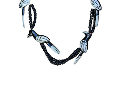 Hand Painted Carved Wood Black and White Bird Necklace with Wood Beads and Barrel Clasp