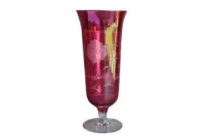 Ruby Flash Glass Pedestal Vase with Clear Etched Flowers