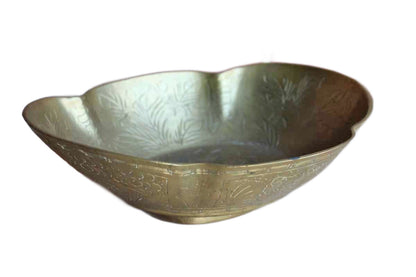 Large Brass Hand-Hammered Bowl with Bird, Flowers, and Chinese Characters