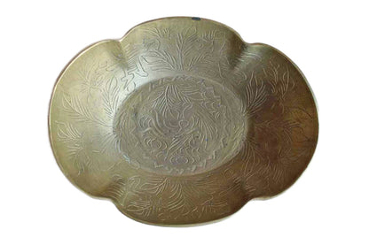 Large Brass Hand-Hammered Bowl with Bird, Flowers, and Chinese Characters