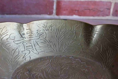 Large Brass Hand-Hammered Bowl with Bird, Flowers, and Chinese Characters