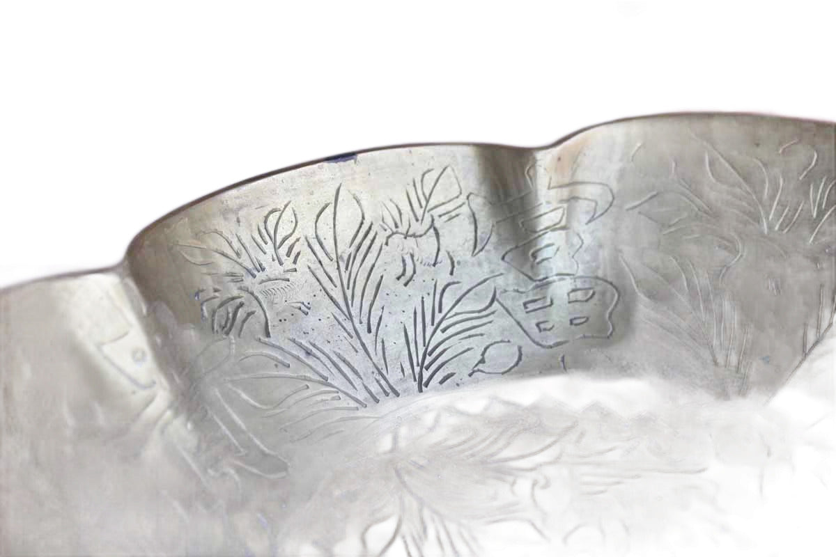 Large Brass Hand-Hammered Bowl with Bird, Flowers, and Chinese Characters