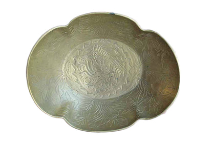 Large Brass Hand-Hammered Bowl with Bird, Flowers, and Chinese Characters