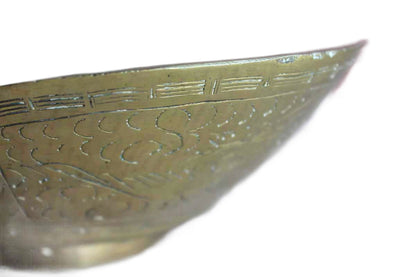 Large Brass Hand-Hammered Bowl with Bird, Flowers, and Chinese Characters