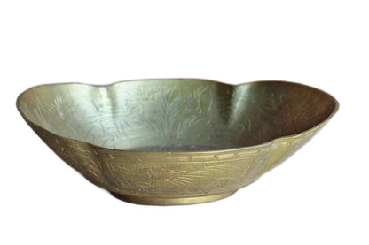 Large Brass Hand-Hammered Bowl with Bird, Flowers, and Chinese Characters