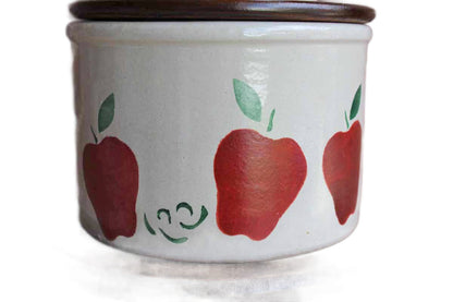 Robinson Ransbottom (Ohio, USA) Stoneware Storage Crocks with Primitive Apple Design and Wood Lids, Set of 3 Sizes