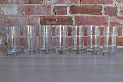 Tall Clear Glasses with Etched Flowers, 7 Pieces