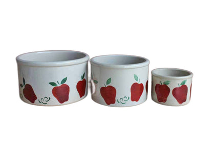 Robinson Ransbottom (Ohio, USA) Stoneware Storage Crocks with Primitive Apple Design and Wood Lids, Set of 3 Sizes