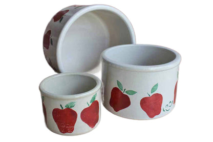 Robinson Ransbottom (Ohio, USA) Stoneware Storage Crocks with Primitive Apple Design and Wood Lids, Set of 3 Sizes