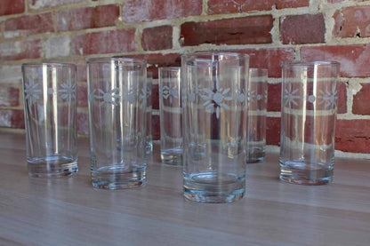 Tall Clear Glasses with Etched Flowers, 7 Pieces