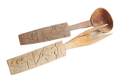 Ornately Carved Wood Salad Tongs with Primitive People and Animals