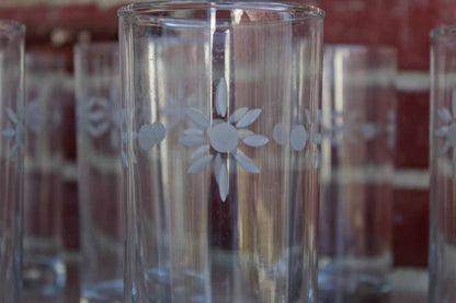 Tall Clear Glasses with Etched Flowers, 7 Pieces