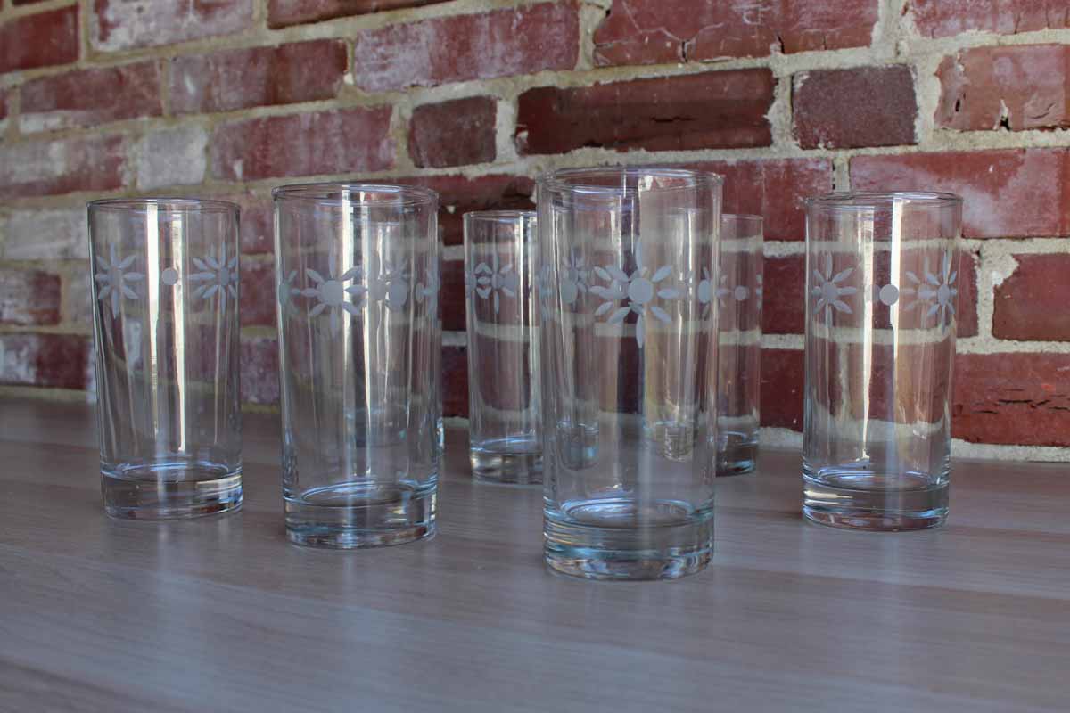 Tall Clear Glasses with Etched Flowers, 7 Pieces