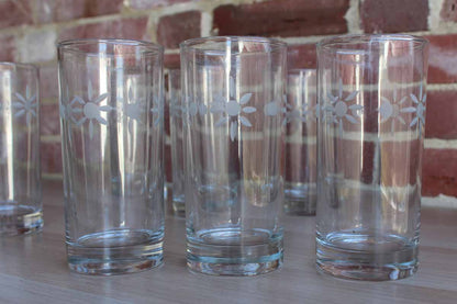 Tall Clear Glasses with Etched Flowers, 7 Pieces