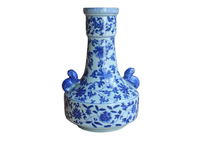 Tall Blue and White Vase with Long Neck, Rolled Lip and Decorative Lug Handles