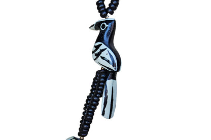 Hand Painted Carved Wood Black and White Bird Necklace with Wood Beads and Barrel Clasp