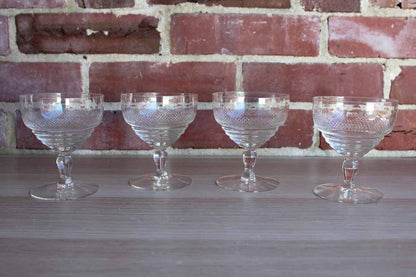 Delicate Champagne Glasses Decorated with Thin Etched Crosshatch Design and Concave Dots, 4 Glasses