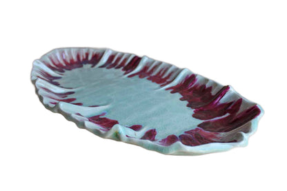 Sea Green and Ruby Ceramic Platter with Ruffled Edges