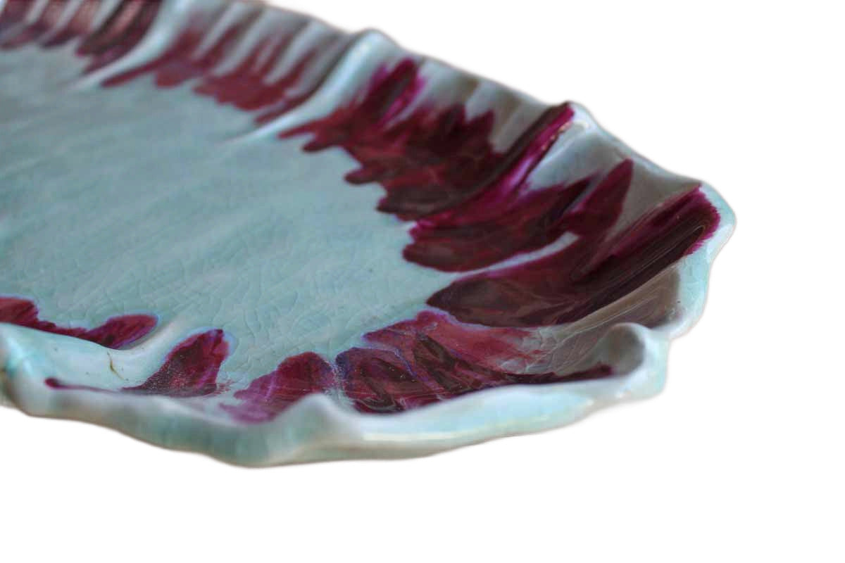 Sea Green and Ruby Ceramic Platter with Ruffled Edges