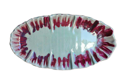 Sea Green and Ruby Ceramic Platter with Ruffled Edges
