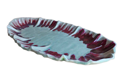 Sea Green and Ruby Ceramic Platter with Ruffled Edges