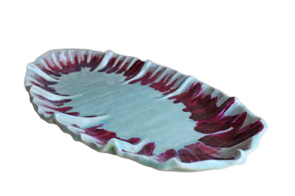 Sea Green and Ruby Ceramic Platter with Ruffled Edges