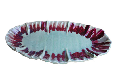 Sea Green and Ruby Ceramic Platter with Ruffled Edges