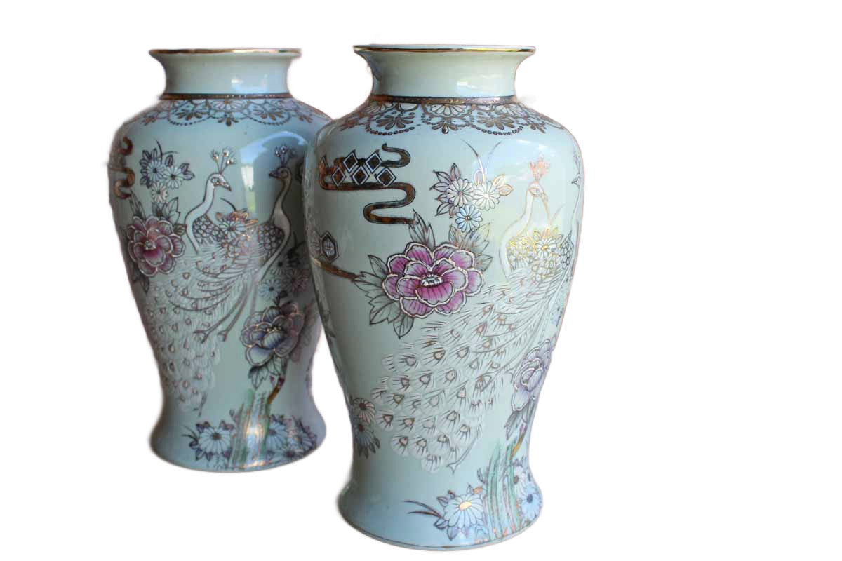 Baluster Shaped Moriaged Vases Depicting Lilac, Gold and White Peacocks and Flowers Over an Off White Background