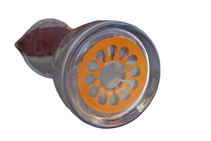 Clear Glass Juice Carafe with Graphic Orange Design on the Bottom