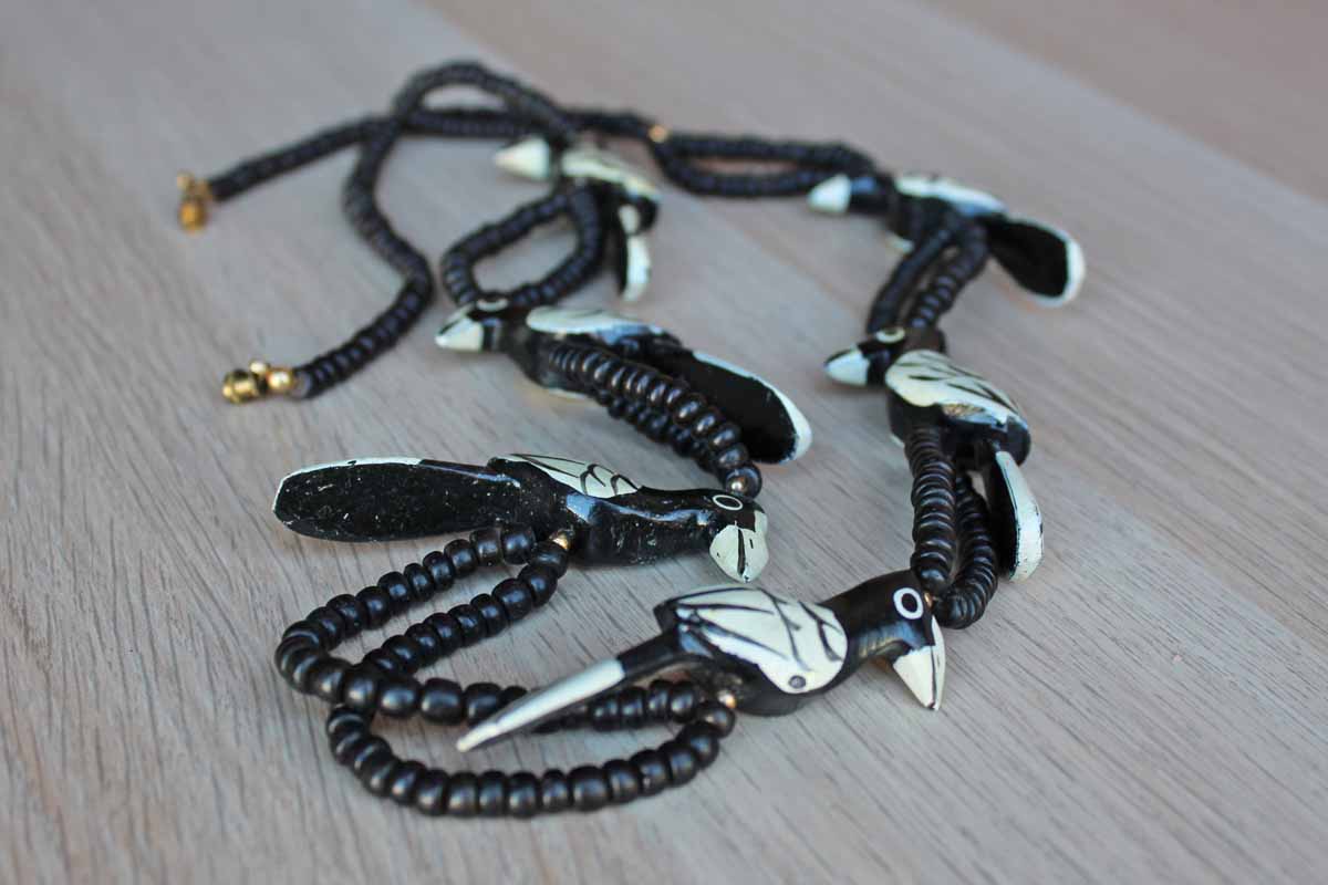 Hand Painted Carved Wood Black and White Bird Necklace with Wood Beads and Barrel Clasp