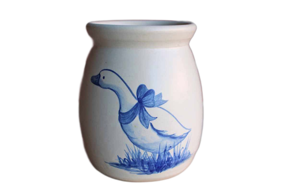 Stoneware Storage Vessel with Painted Blue Duck