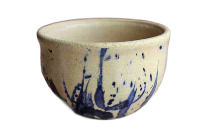 Small Primitive Handmade Earthenware Bowl with Cobalt Blue Splattered Design