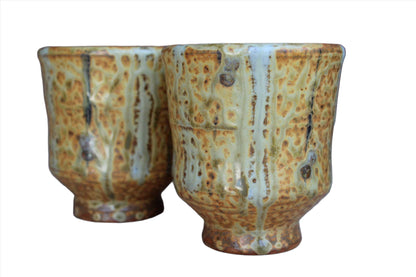 Handmade Stoneware Cups or Little Vases with Textured Green and Ochre Glazes