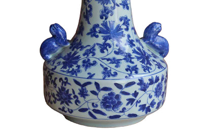 Tall Blue and White Vase with Long Neck, Rolled Lip and Decorative Lug Handles