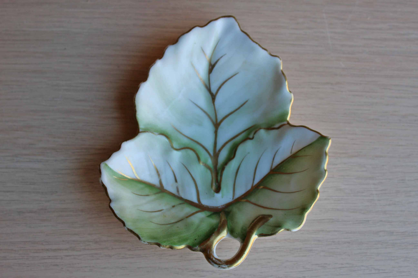 Ucagco China (Japan) Little Porcelain Green and Gold Leaf-Shaped Dish