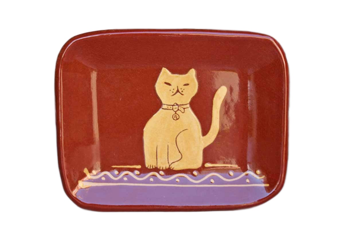 Turtlecreek Pottery (Ohio, USA) Redware Dish Decorated with a Sitting Cat
