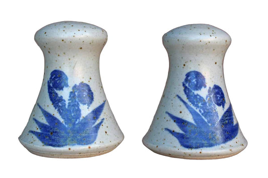 Handmade Stoneware Salt and Pepper Shakers with Blue Flowers