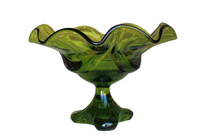 Viking Art Glass (West Virginia, USA) Avocado Green Pedestal Bowl with Wavy Flared Rim