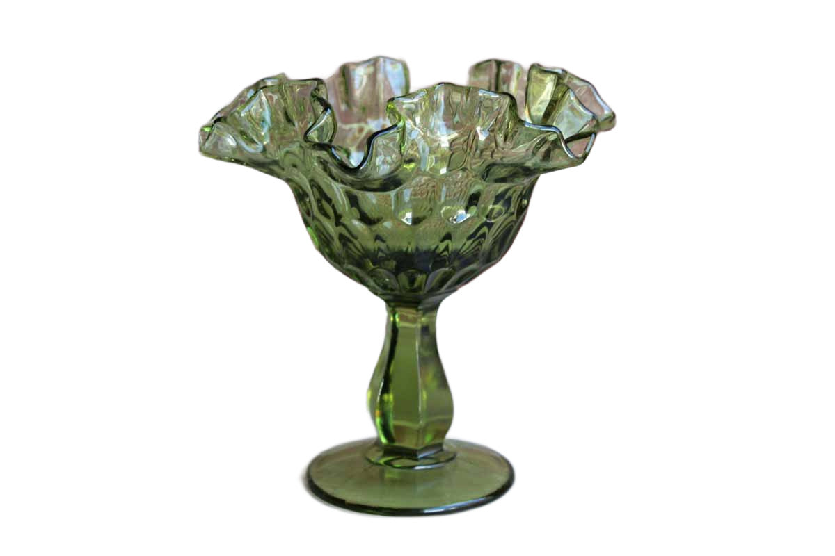 Fenton Art Glass (West Virginia, USA) Colonial Green Thumbprint Round Compote with Ruffled Edges