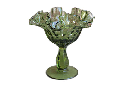 Fenton Art Glass (West Virginia, USA) Colonial Green Thumbprint Round Compote with Ruffled Edges