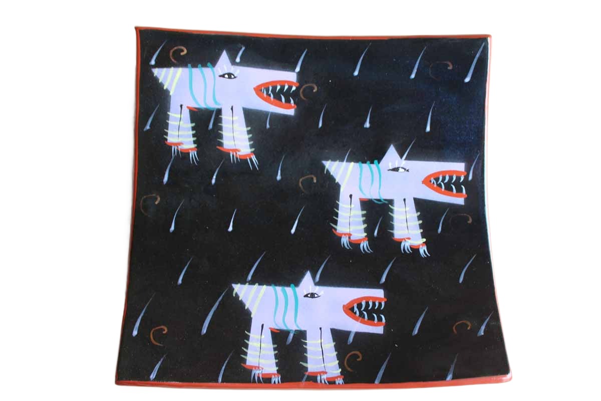 Fun Handmade Concave Footed Bowl Painted with Sharp-Teethed Monsters