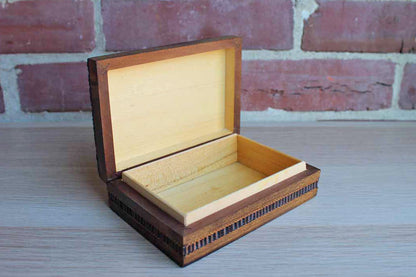 Wood Lidded Box with Inlaid Brass Designs Made in Poland