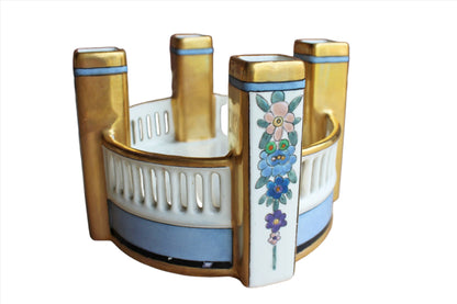 Porcelain Bud Vase with 4 Little Gilded Posts on Round Base, Decorated with Hand-Painted Flowers, Made in Germany