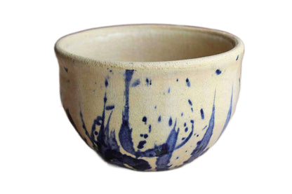 Small Primitive Handmade Earthenware Bowl with Cobalt Blue Splattered Design