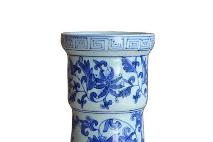 Tall Blue and White Vase with Long Neck, Rolled Lip and Decorative Lug Handles