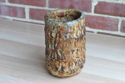 Heavy Primitive Handmade Earthenware Vase or Storage Container with Brown and Bluish-Gray Glaze