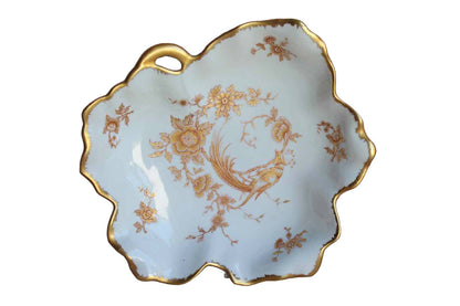 Limoges (France) Porcelain Leaf-Shaped Dish with Gilded Rim and Gold and Red Flowers