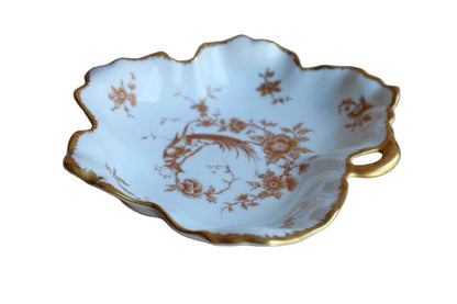 Limoges (France) Porcelain Leaf-Shaped Dish with Gilded Rim and Gold and Red Flowers