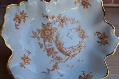 Limoges (France) Porcelain Leaf-Shaped Dish with Gilded Rim and Gold and Red Flowers
